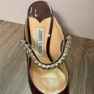 Jimmy Choo Bing 100 Crimson Red Patent Leather Heeled Mules with Crystal Strap